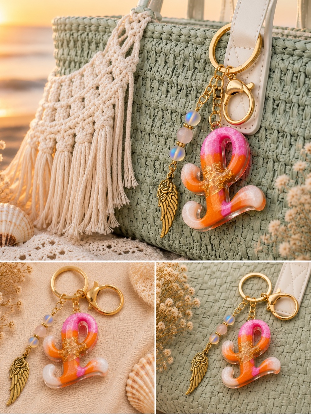 Custom Rose Quartz Initial Letter “ L” Keychain with Gold Accents